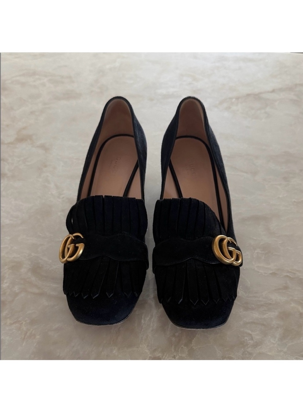 Gucci Black Suede Kiltie Loafers with Gold Double G